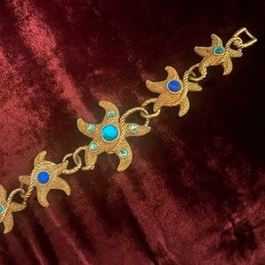 Vintage 80s Trifari Starfish Link Bracelet with Blue Jelly Cabochons
